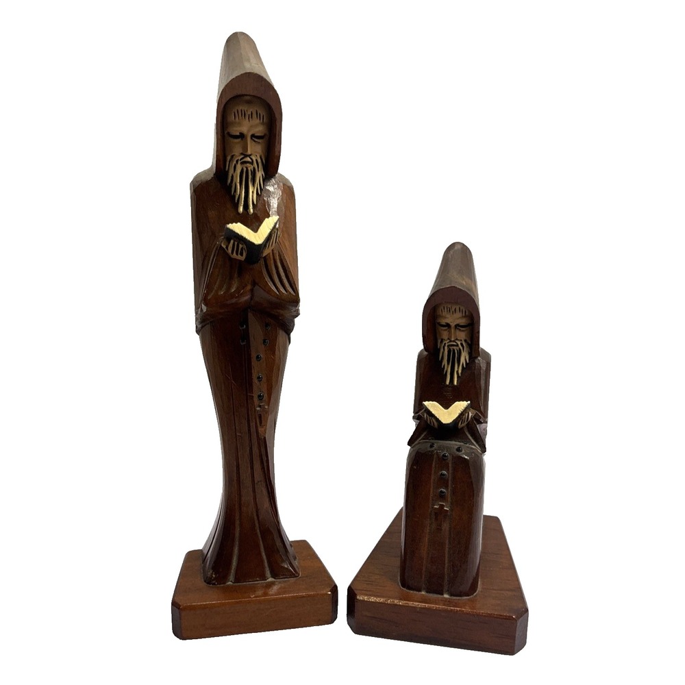 Set of 2 Vintage Hand-Carved Wooden Monk Figurines Religious Folk Art
